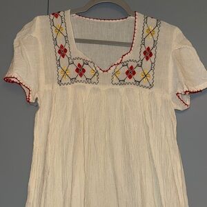 Vintage Embroidered Boho Maxi Dress with Red and Yellow Accents